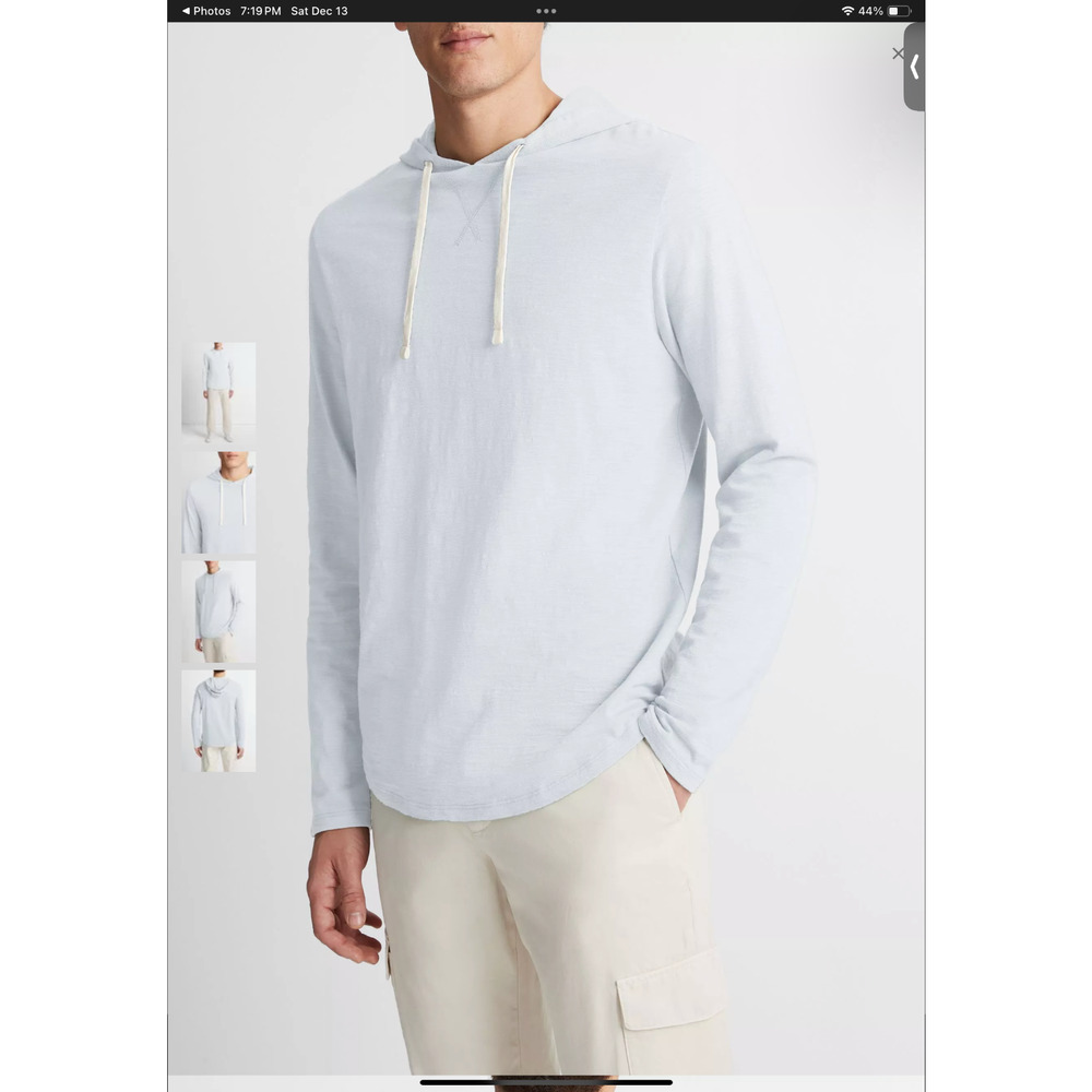 Vince, Mens Textured Hoodie, Large, 100% Cotton, Powder Blue Slub Popover Hoodie